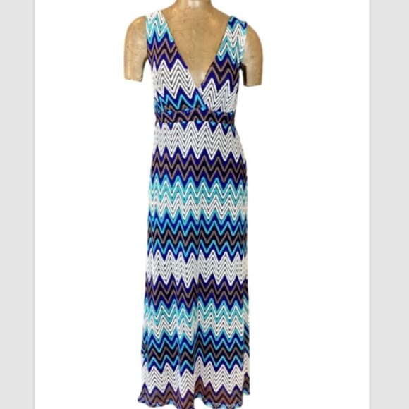 Adore Sleeveless Chevron/Zig-Zag Lace Multicolor V-Neck Maxi Dress M 294E - Picture 1 of 8